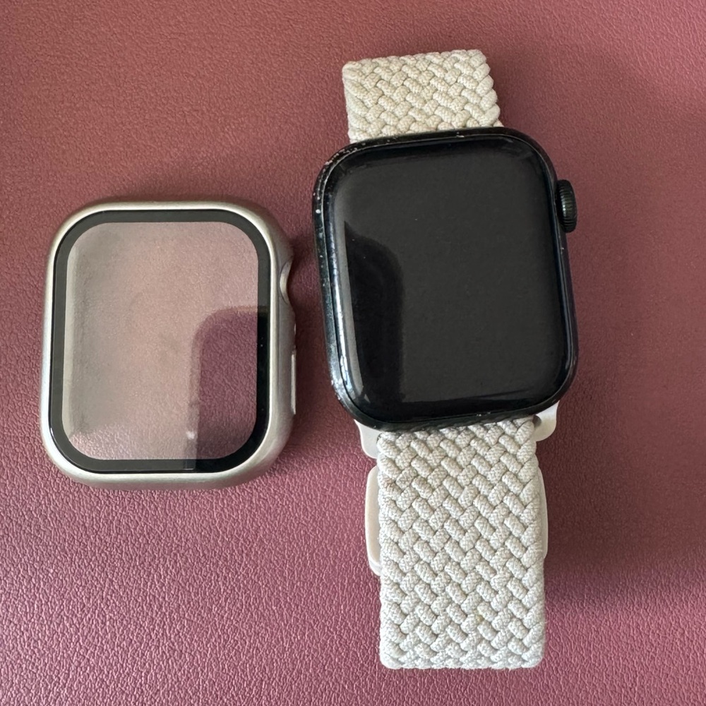 Apple series 7 Smartwatch with Black Face and Cream Band, watch cover and bands